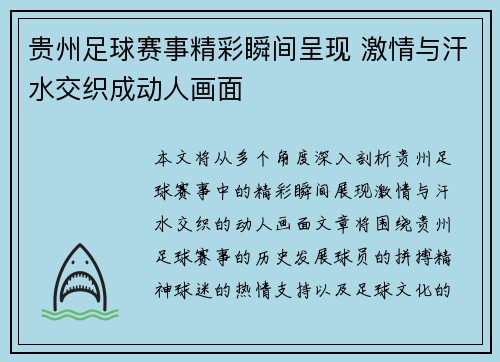 贵州足球赛事精彩瞬间呈现 激情与汗水交织成动人画面