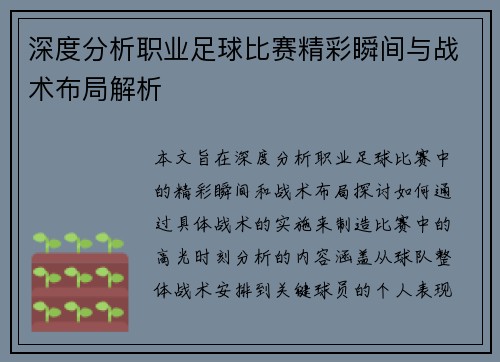 深度分析职业足球比赛精彩瞬间与战术布局解析