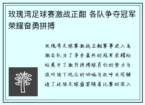 玫瑰湾足球赛激战正酣 各队争夺冠军荣耀奋勇拼搏
