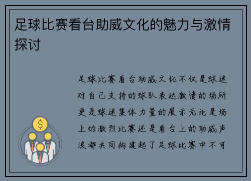 足球比赛看台助威文化的魅力与激情探讨