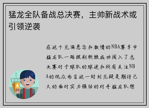 猛龙全队备战总决赛，主帅新战术或引领逆袭