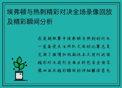 埃弗顿与热刺精彩对决全场录像回放及精彩瞬间分析