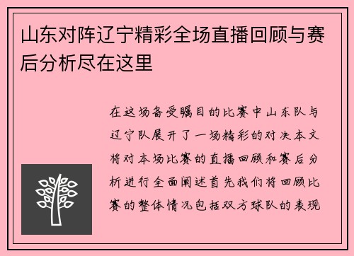 山东对阵辽宁精彩全场直播回顾与赛后分析尽在这里