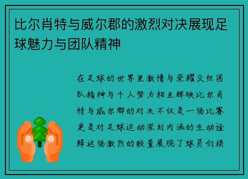 比尔肖特与威尔郡的激烈对决展现足球魅力与团队精神