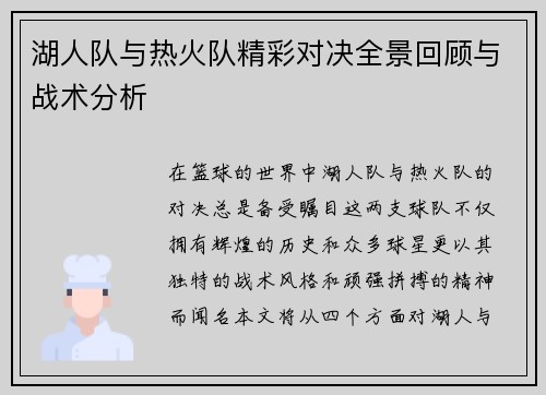 湖人队与热火队精彩对决全景回顾与战术分析