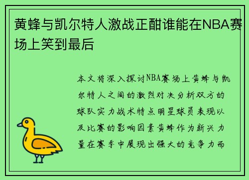 黄蜂与凯尔特人激战正酣谁能在NBA赛场上笑到最后