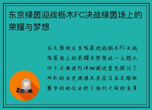 东京绿茵迎战枥木FC决战绿茵场上的荣耀与梦想