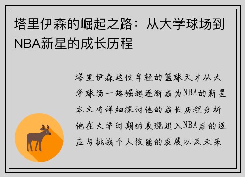 塔里伊森的崛起之路：从大学球场到NBA新星的成长历程