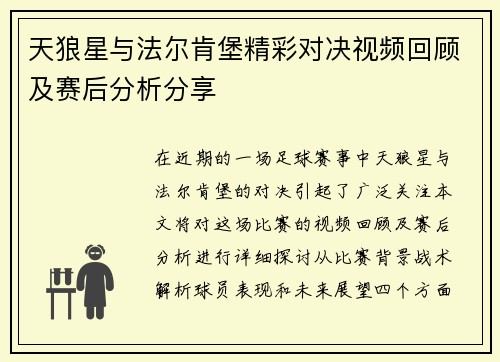 天狼星与法尔肯堡精彩对决视频回顾及赛后分析分享