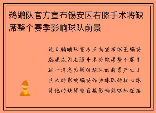 鹈鹕队官方宣布锡安因右膝手术将缺席整个赛季影响球队前景