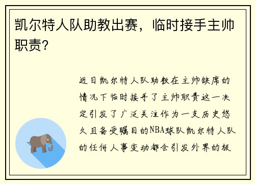 凯尔特人队助教出赛，临时接手主帅职责？