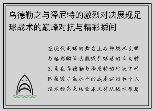 乌德勒之与泽尼特的激烈对决展现足球战术的巅峰对抗与精彩瞬间
