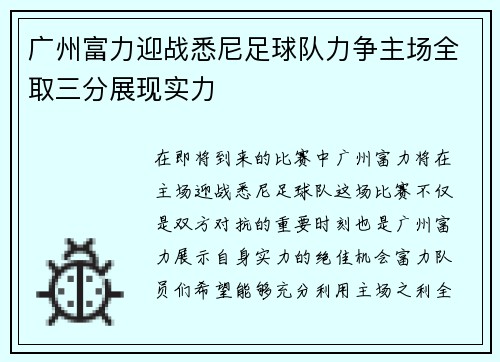 广州富力迎战悉尼足球队力争主场全取三分展现实力