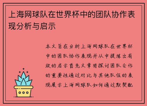 上海网球队在世界杯中的团队协作表现分析与启示
