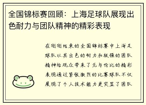 全国锦标赛回顾：上海足球队展现出色耐力与团队精神的精彩表现