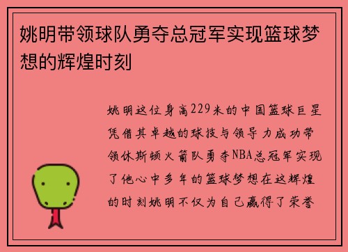 姚明带领球队勇夺总冠军实现篮球梦想的辉煌时刻