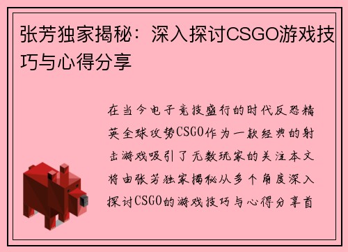 张芳独家揭秘：深入探讨CSGO游戏技巧与心得分享