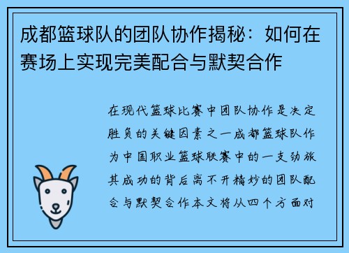 成都篮球队的团队协作揭秘：如何在赛场上实现完美配合与默契合作
