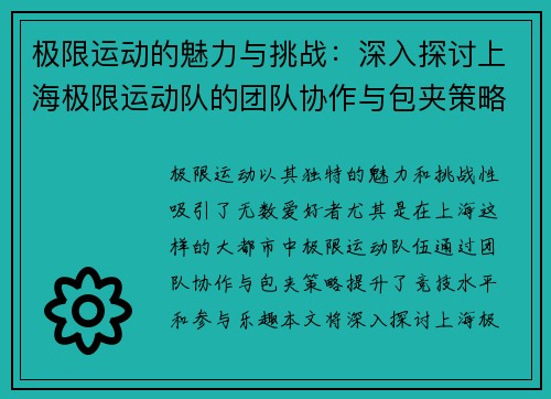 极限运动的魅力与挑战：深入探讨上海极限运动队的团队协作与包夹策略 - 副本