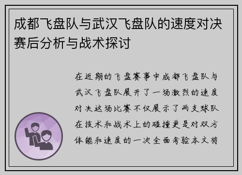 成都飞盘队与武汉飞盘队的速度对决赛后分析与战术探讨